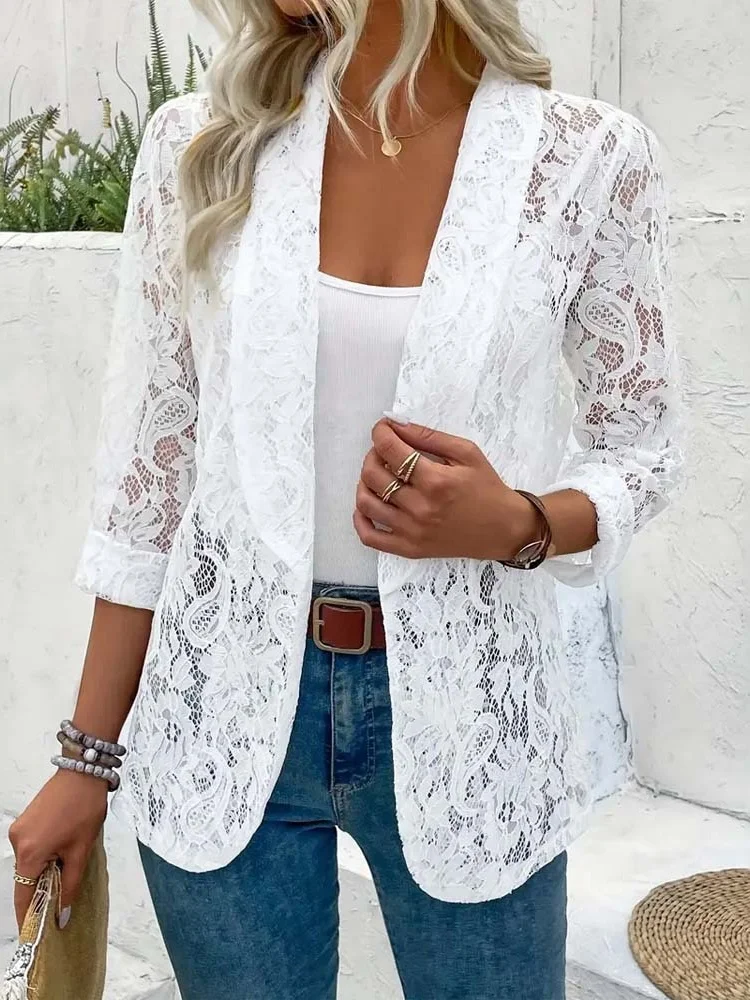 

Модное женское кружевное элегантное пальто с длинными рукавами, осенний однотонный свободный кардиган, блейзер, весенний повседневный костюм, куртка