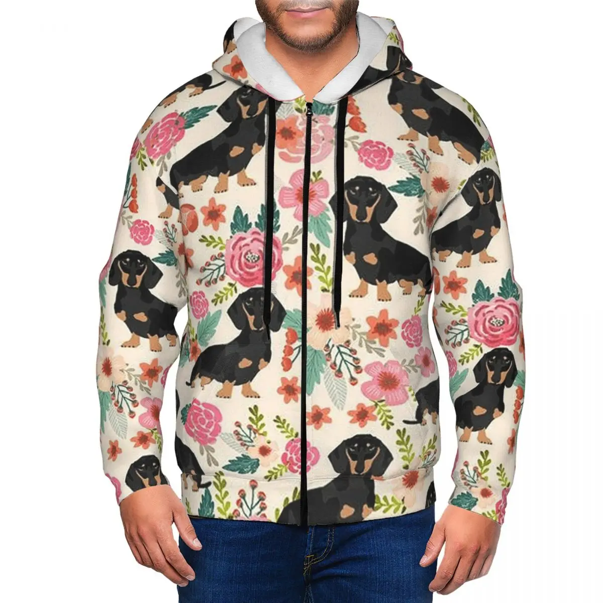 Dachshund Sausage Floral Dog Pattern Zipper Hoodies Harajuku Pullover Autumn Winter Men Women Sweatshirt Long Sleeve Tops