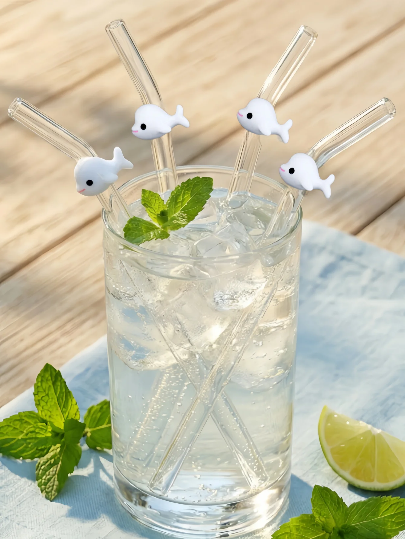 1/6PCS Cute Beluga Curved Glass Straw，Reusable for Cocktails, Parties, Beach. Romantic Gift for Valentine’s, Mother’s Day.
