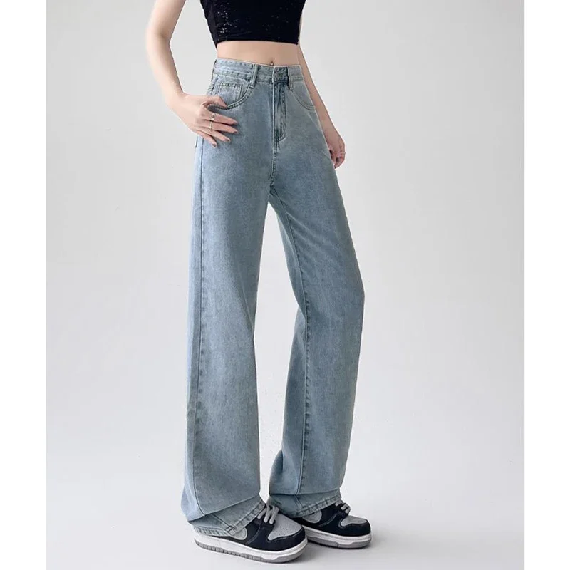 Wyprzedaż Klasyczne Damskie Jeansy z Wysokim Stanem Koreańskie Proste Nogawki Wąskie Rozszerzane Spodnie Damskie Dopasowane Spodnie Denimowe