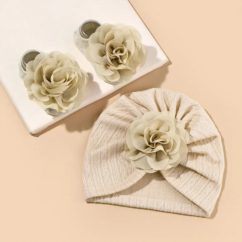 

Big Flower Baby Turban Cap Socks Set Solid Color Newborn Girl Knit Indian Caps Sweet 0-10 Months Infant Socks Headscarf Hats