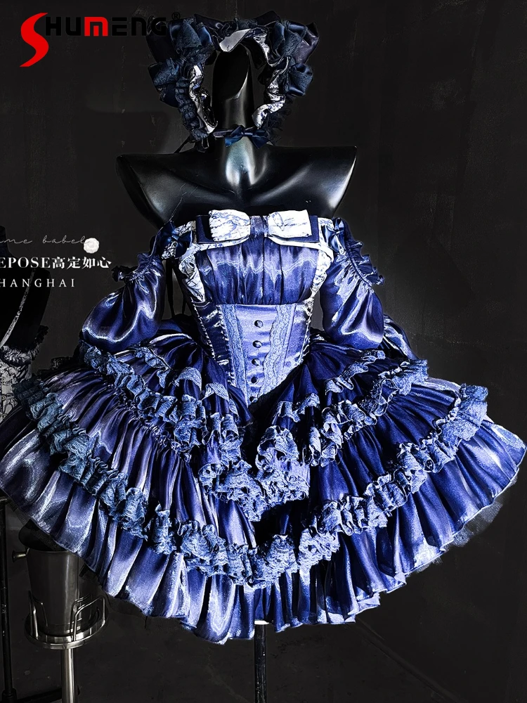 Elegante high-end socialite princesa festa de aniversário vestido curto 3d arco renda emendado em camadas doce kawaii lolita vestido para mulher