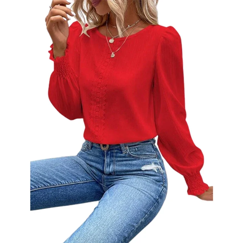 Women's Elegant Pleated Cuffs, O-Neck Pullover, Centre, Solid Color, Lace Decoration Blouse, Female Commuter Casual Knitted Tops