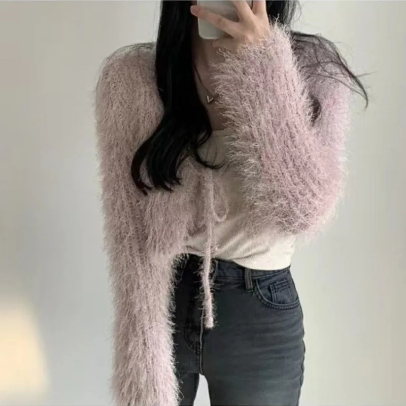 White sweater women winter autumn new style hairy short style slim fit and slimming knitted cardigan top jacket