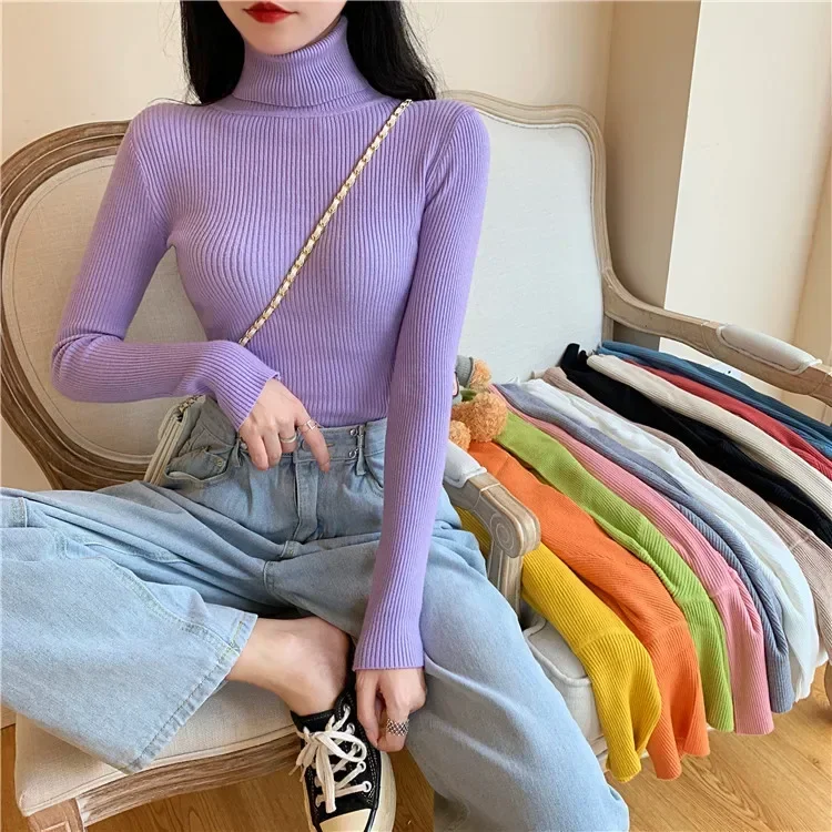 

Turtleneck Women Sweater Fall Long Sleeve Female Basic Knitted Jumper High Elastic Simple Solid Color Tops