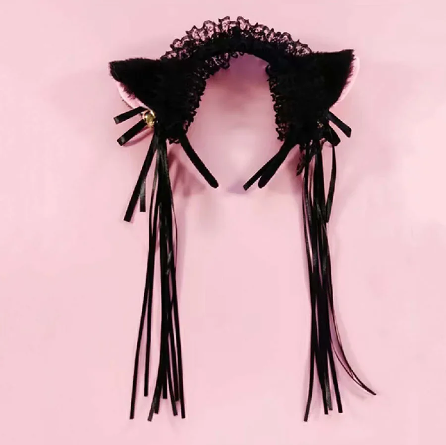 Sexy colar de renda pulseira cauda 4 pçs conjunto bonito menina gato orelha bandana role play acessórios borla cocar vestir-se conjunto