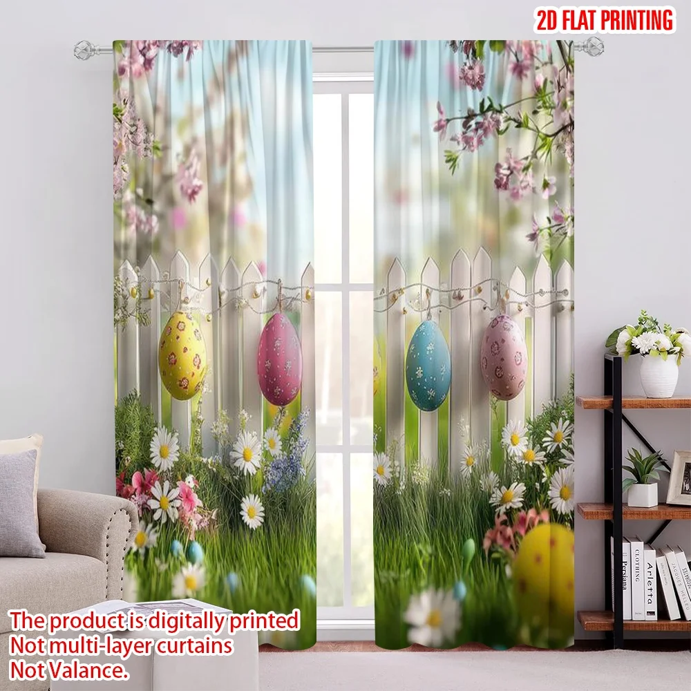 2D flat printing 2pcs Window Treatment Curtains Easter Colorful Eggs Fence Digital Printed Polyester Drapes Seasonal Party &