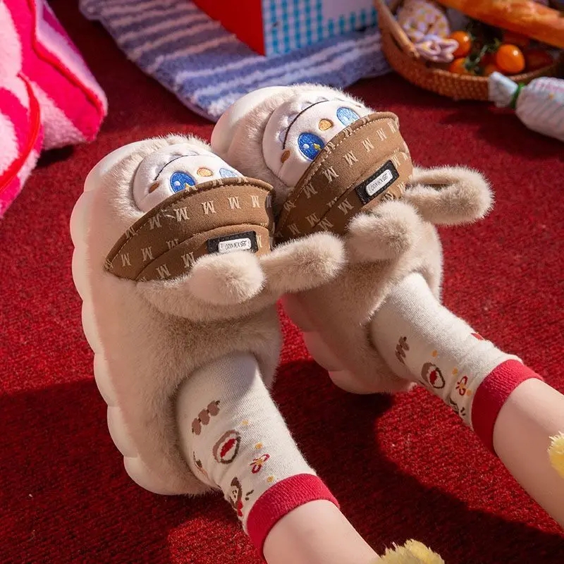

Cute Cartoon Cotton Slippers Woman Indoor Home Warm Plush Winter Slippers Fashiona Printed Letters Hat Decoration Girls Shoes