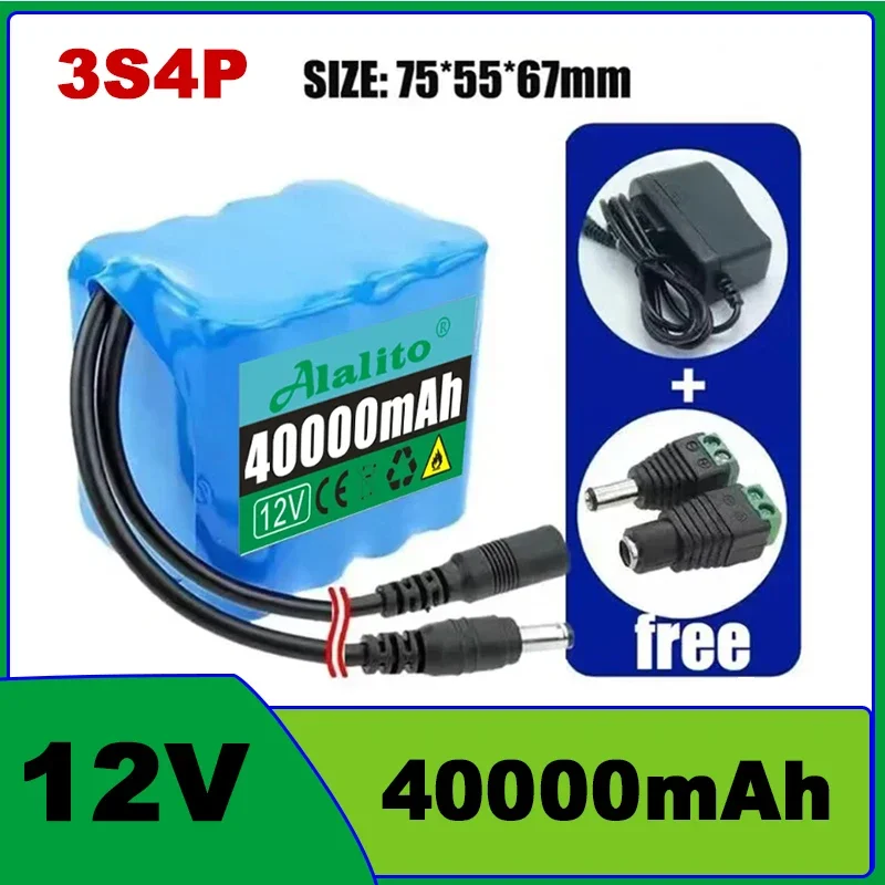 12V 40Ah 3s4p battery pack 18650 lithium ion 12V 20Ah-50Ah DC12.6V super large capacity rechargeable battery with BMS + charger