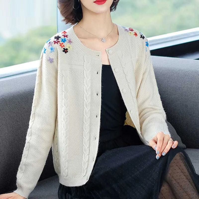 Women Korean Fashion Retro Twist Embroidery Single Breasted Knitted Cardigan Autumn Winter Casual Long Sleeve Loose Sweater Coat