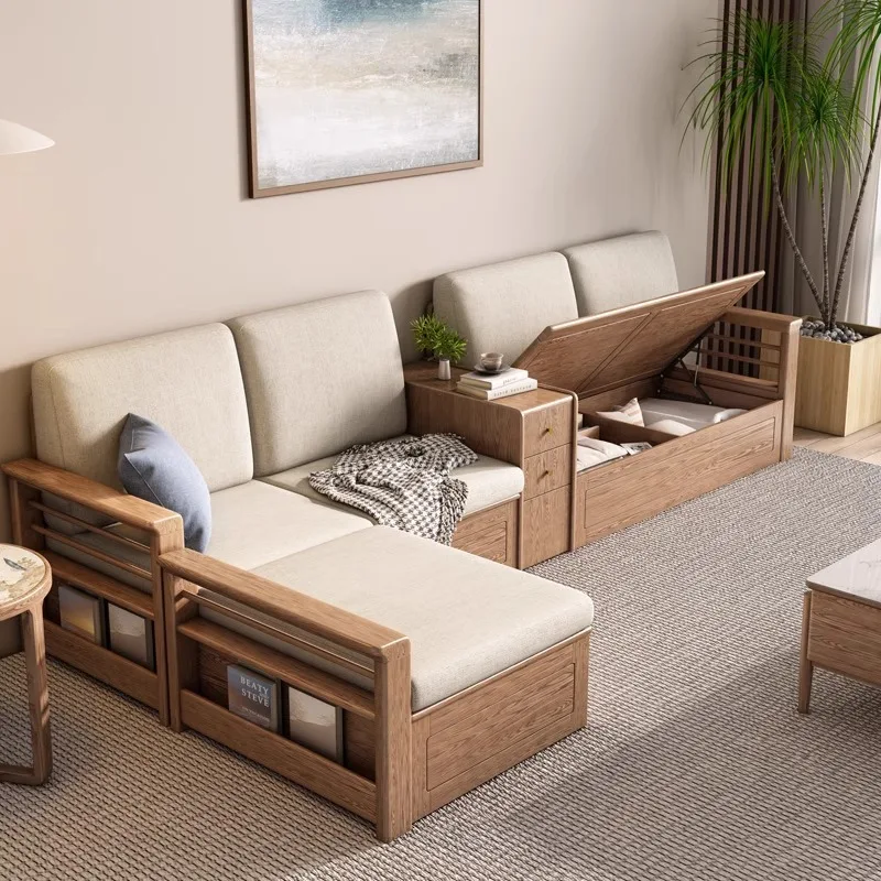 

High box storage sofa with middle cabinet box living room new Chinese winter and summer dual-purpose ash wood storage solid wood