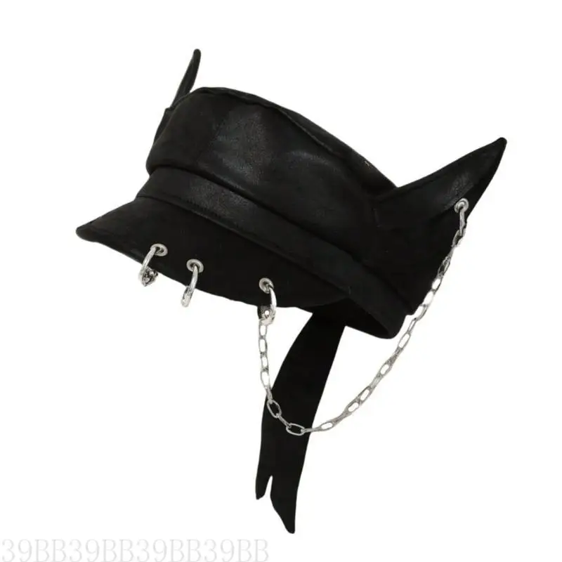 

39BB Subcultures Beret Hat with Chain Decors for Female Girl Octagonal Hat Chauffeur Hat Punk Street Wear Hiphop Dance Hat