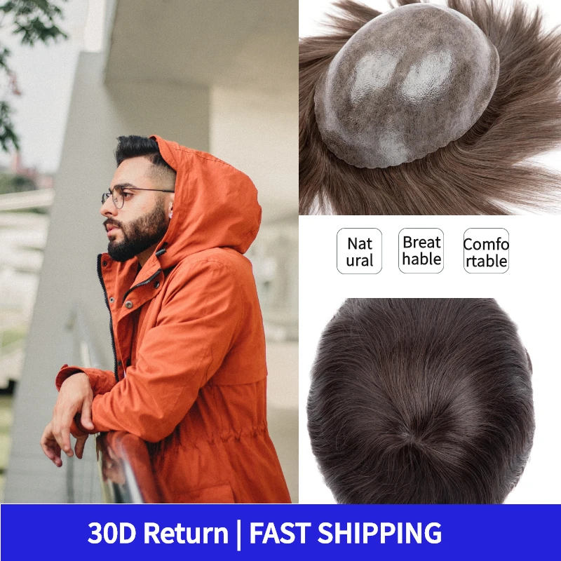 Male Hair Prosthesis 0.12-0.14mm Injection Skin Toupee Men Durable Wigs For Men 100% Human Hair System Unit Capillary Prosthesis