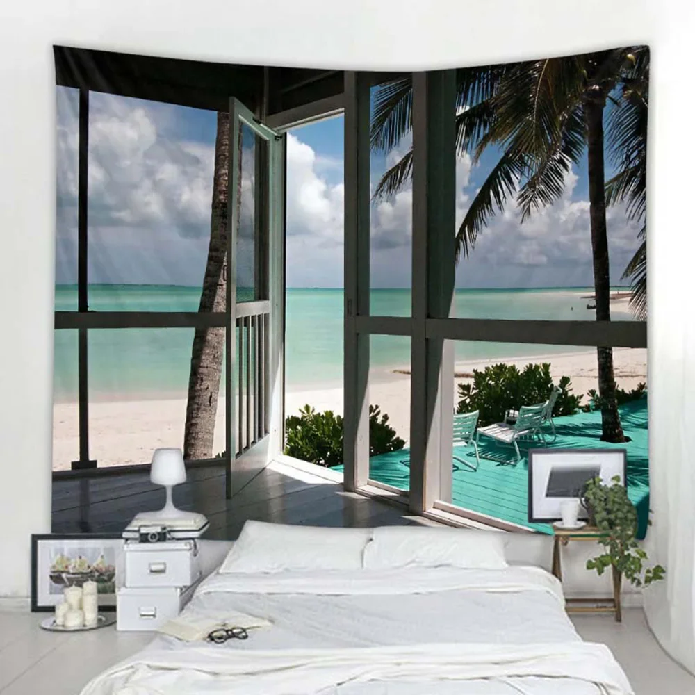 Tapestry Wall Hanging Living Room Bedroom Natural Window View Beach  Bedside Background Fabric