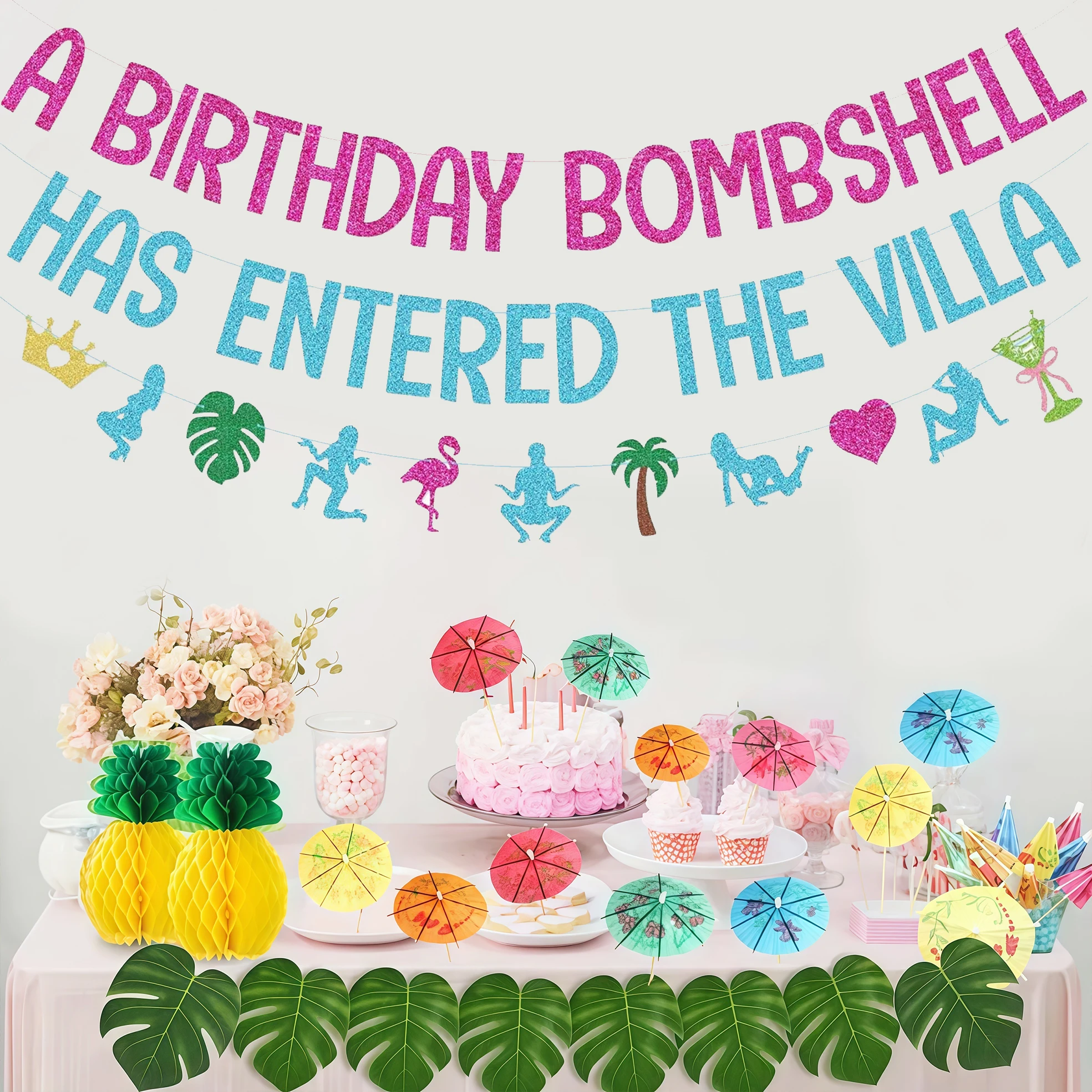 A Birthday Bombshell Has Entered The Villa Glitter Banner, Pink Blue Glitter Tropical Flamingo Palm Leaf Bunting Banner, Love