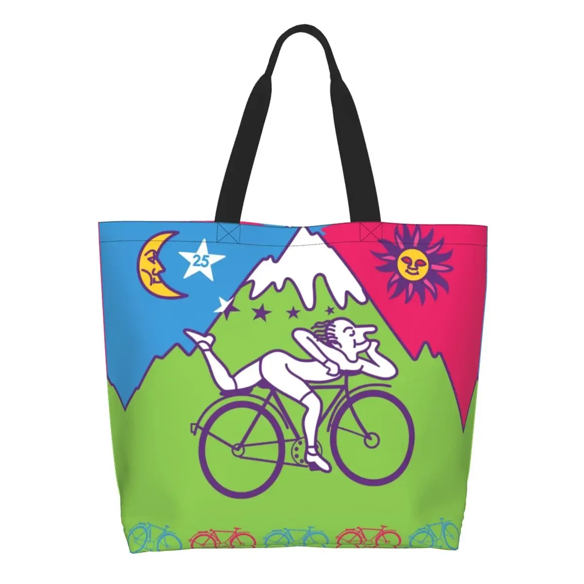 Albert Hofmann LSD Bicycles Day Canvas Shopping Bags Women Durable Large Capacity Grocery Acid Blotter Party Tote Shopper Bags