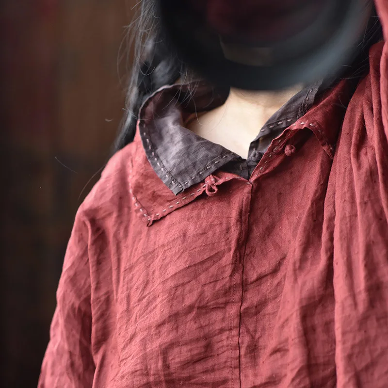 

Original Design Women's Long Sve Embroidered Flax irt Loose Fit Button up Outerwear Artistic Sle Casual Faion