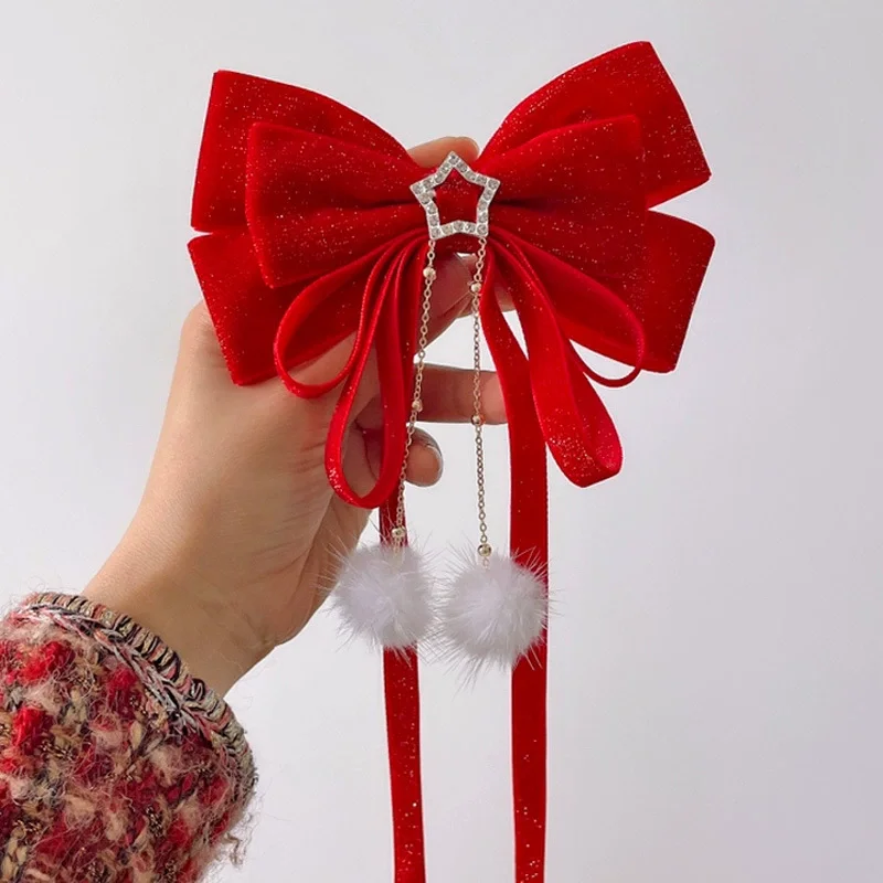الفتيات الاطفال لطيف الأحمر المخملية المهرجانات دبابيس الشعر اكسسوارات الشعر السنة الجديدة الأطفال القوس الشريط مقاطع الشعر المشابك أغطية الرأس الجديدة