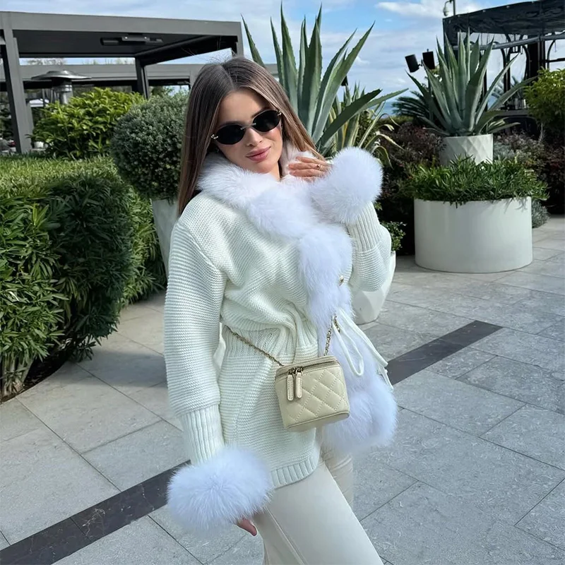 

Women's Luxury Comfortable Faux Fur Trim Knit Jacket Autumn Fashion Thick Croppd Coat Lady Elegant Fluffy Party Lace Up Knitwear