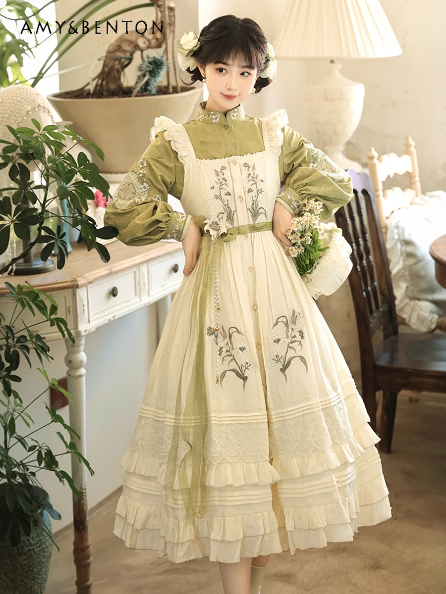 

Pastoral Style Elegant Retro Daily Sweet Lolita Set Flower Embroidery Lantern Sleeve Top JSK Slim Mid-Length Dress Two-Piece Set