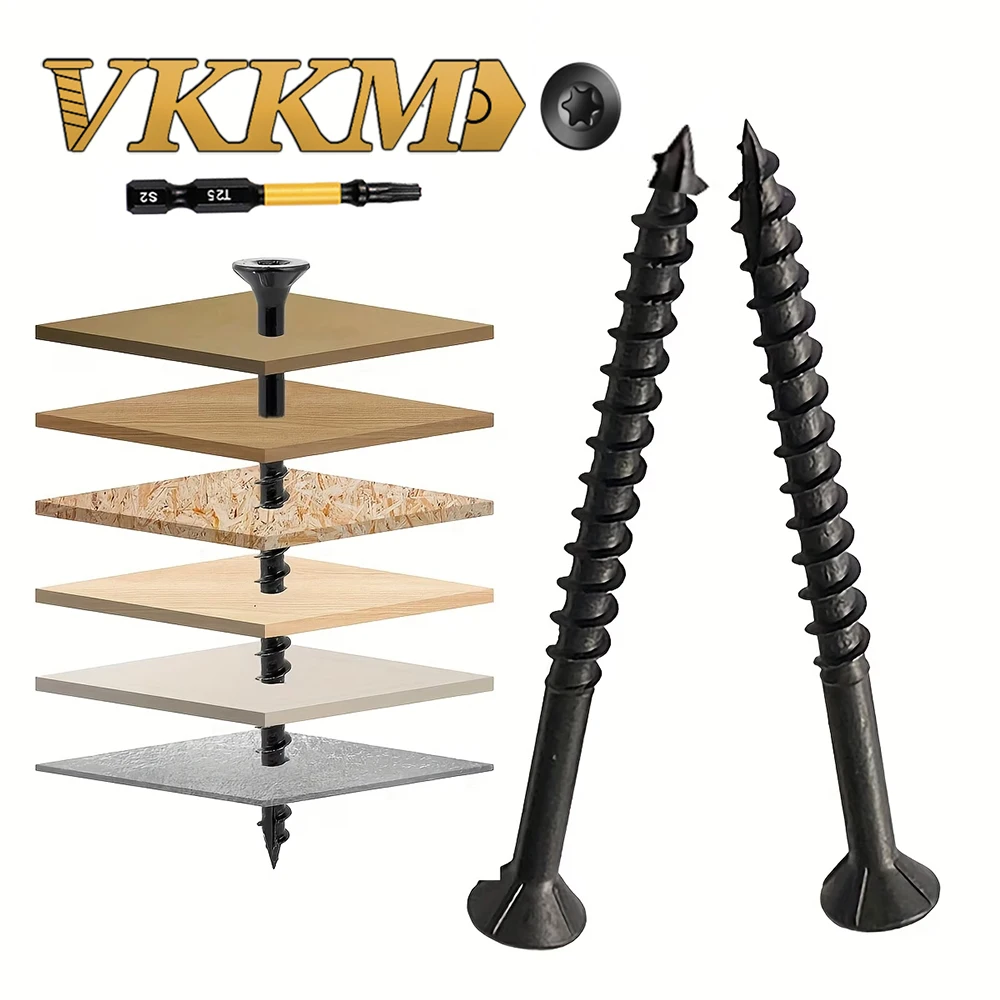 VKKM Holzschrauben aus schwarzem Stahl, T25 Torx-Senkschrauben aus Kohlenstoffstahl, mit T25-Antriebsbit, für Möbel und Schränke.