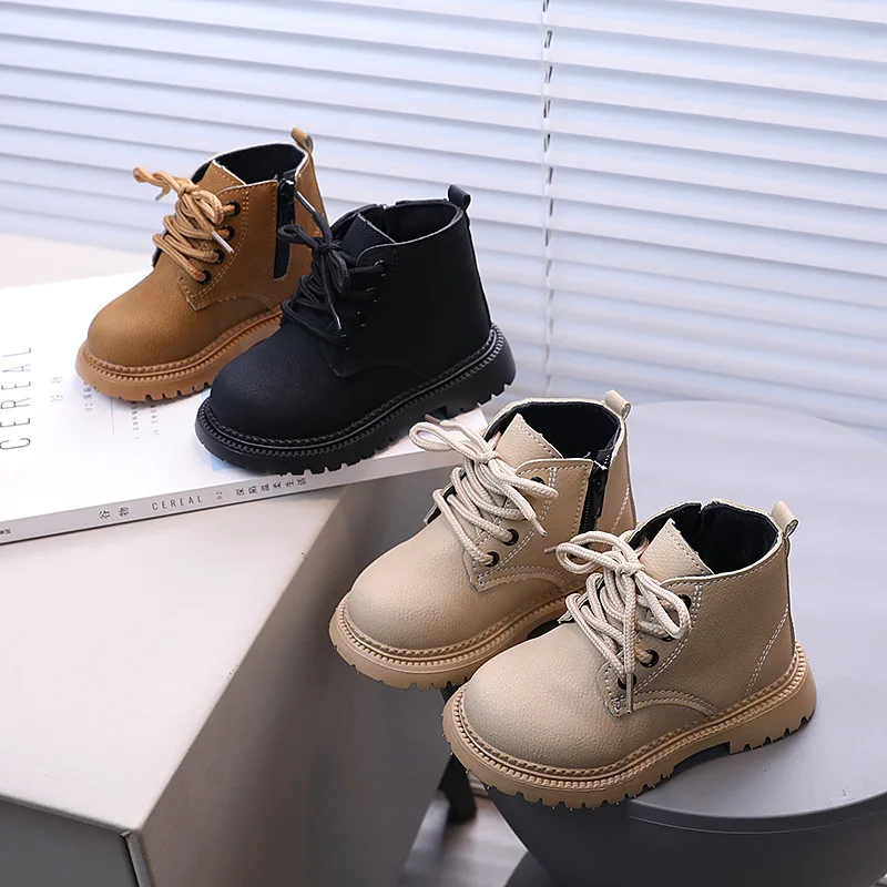 

Kids Short Boots British Style Soild Color Children Ankle Boots Side Zipper 2025 Autumn New Boys Girls Leather Boots Round Toes