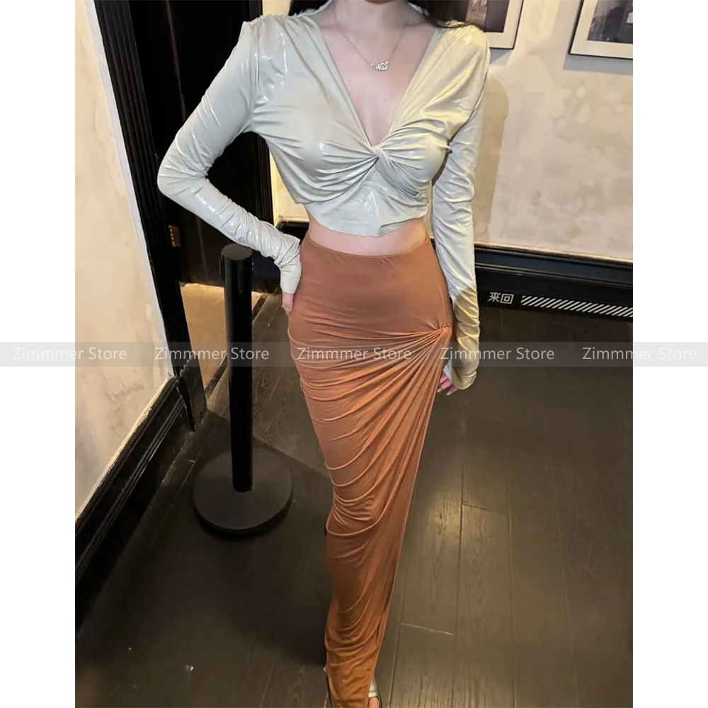 

New irregular pleated half-body skirt female high-waisted thin package hip in the long section of the open fork step skirt