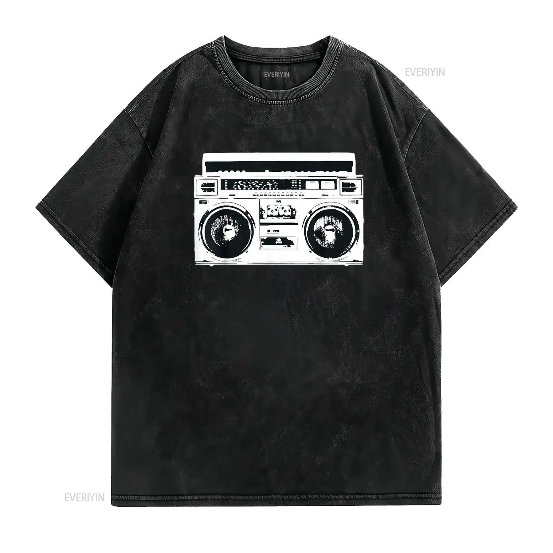 Mens Hip Hop Ghetto Blaster T Shirt White vintage Washed Slightly Soft Stretched Versatile homme Stylish graphic Casual Unisex
