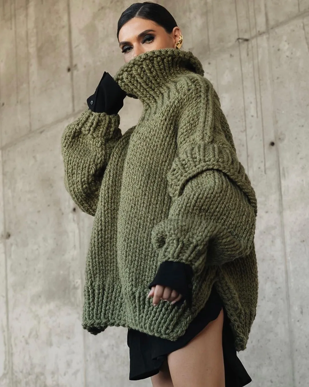 

Solid Knit Double Lantern Sleeve Women Pullover Thick Warm Oversized Loose Top Sweater 2025 Fall Winter Chic Knitwear