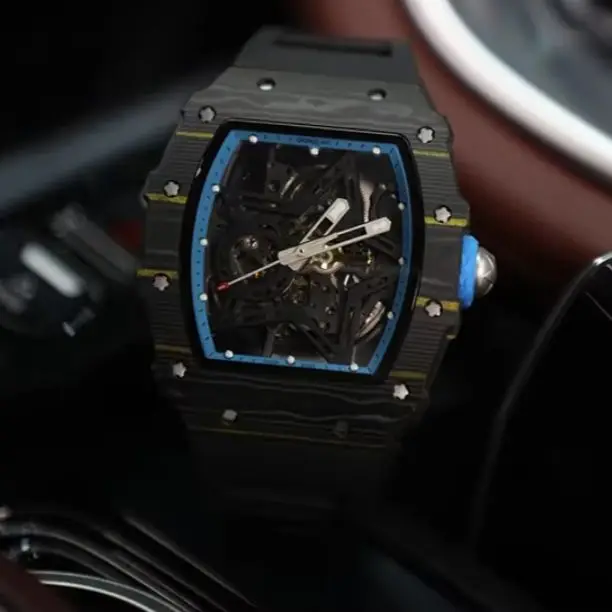 CRONUSART Men Automatic Watch 50mm Tonneau Mechanical Wristwatch Carbon Fiber Case Sapphire Mirror Luminous Skeleton Star Dial