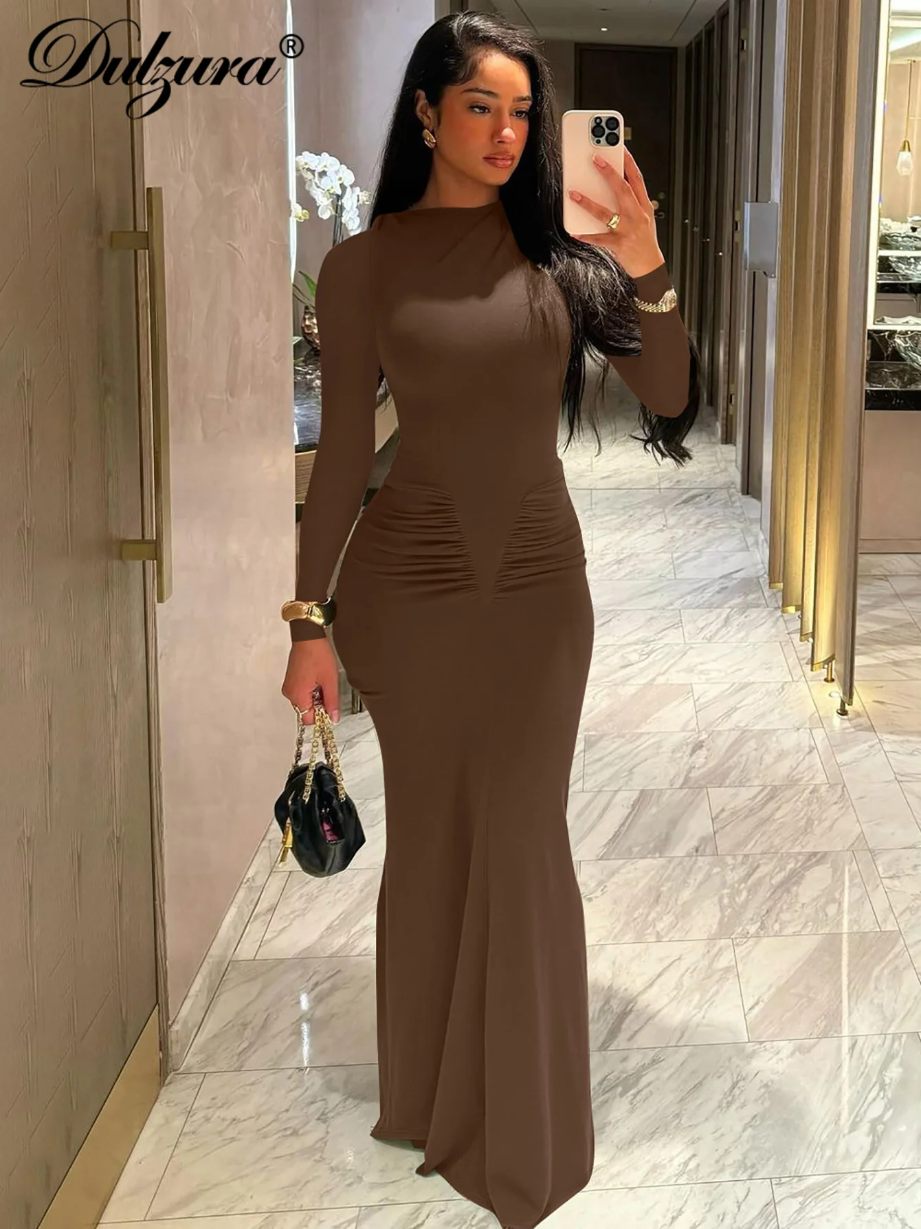 Dulzura Elegant Solid Long Sleeve Maxi Dress Bodycon Ruched Simple Women Clothes Cocktail Evening Party Dresses Y2K Wholesale