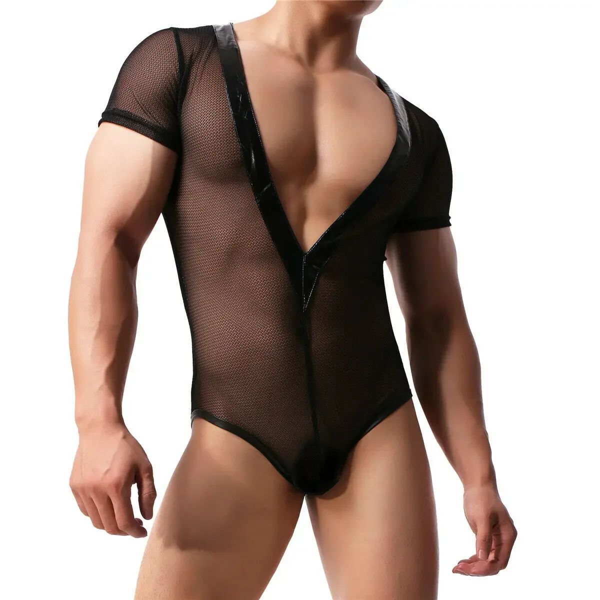 

Men Sexy Undershirts Mesh Bodysuit Wrestling Singlet Fetish Gay Male Jockstrap Underwear See Through One-Piece Leotard Jumpsuits