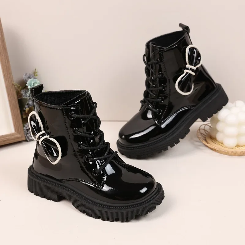 Girls Leather Boots Round Toes Sweet Bows Kids Short Boots Comfort 2025 New Fashion Children Princess Boots Glossy Soft Bottom