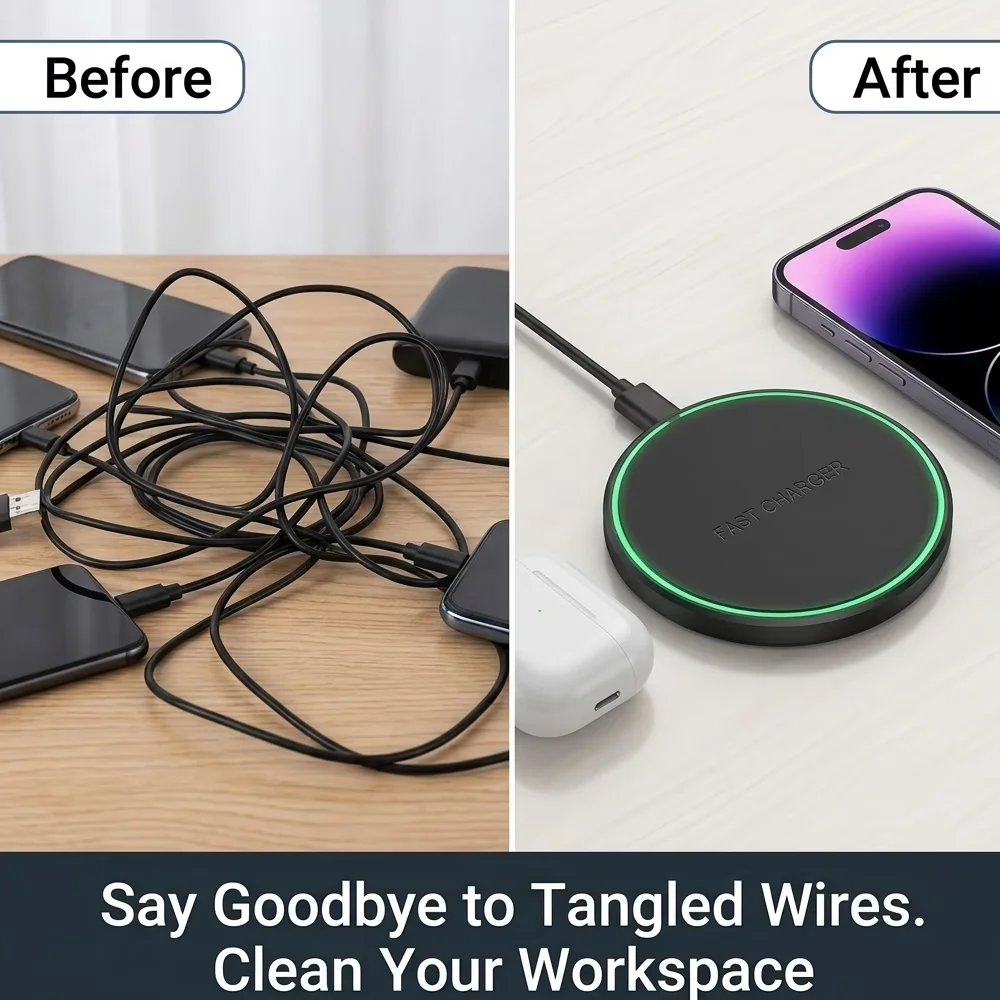15W Fast Wireless Charger Pad, 6cm Ultra‑Slim Mini Portable Type‑C Input Compact Travel Desktop Charger for iPhone Samsung AirPo view 5