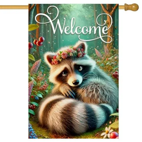 Welcome House Flag 28 x 40 Inch Double Sided Spring Summer Garden Flag Raccoon OOV IIC
