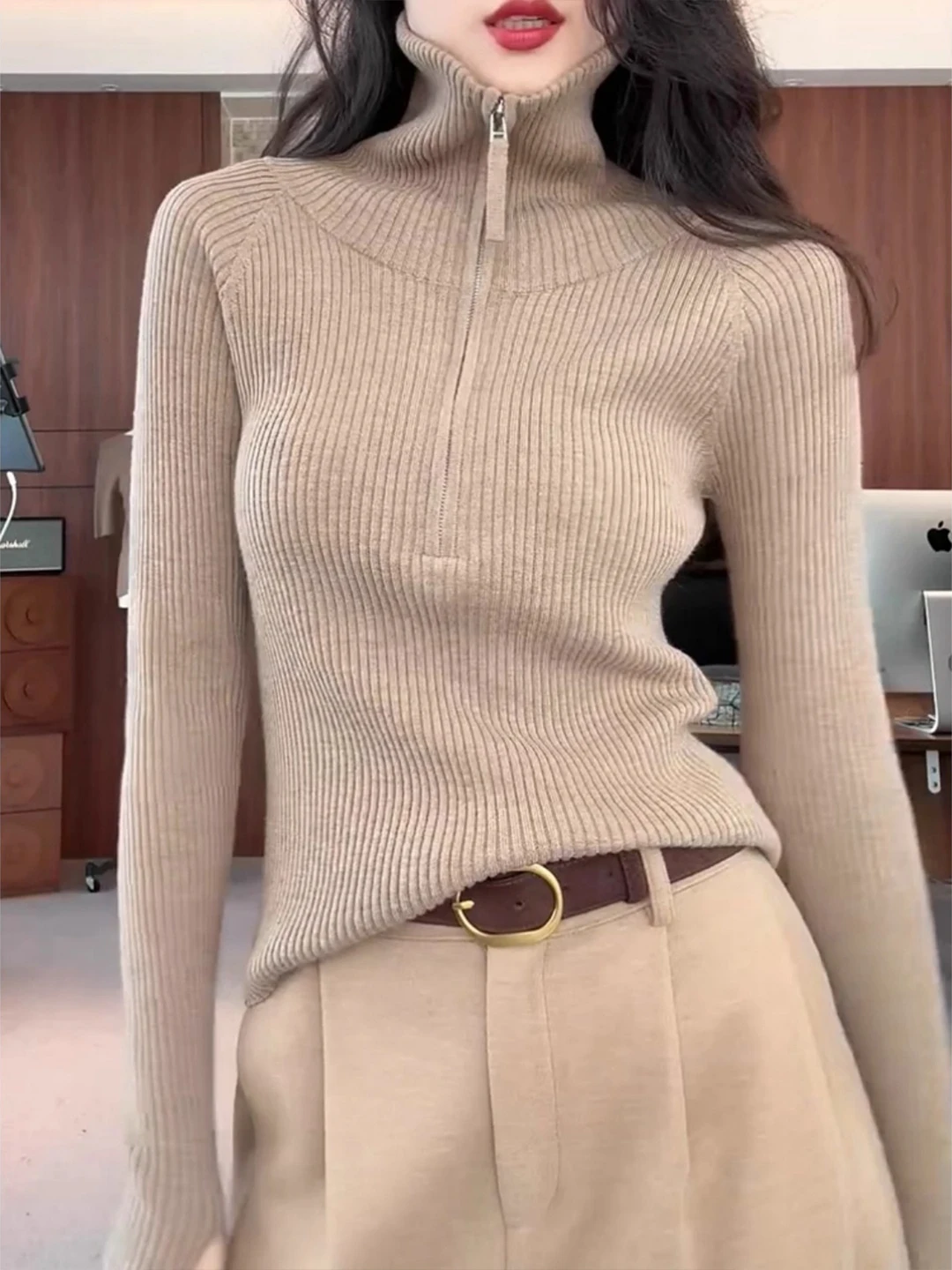 Gray High Neck Half Zip Long Sleeve Knitted Sweater Women's Autumn Winter Thickened Base Shirt Inner Wear Casual Slim Fit