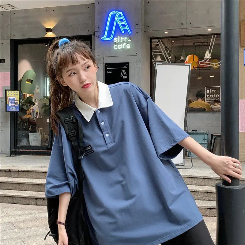 Pure cotton Hong Kong style pure cotton polo shirt short sleeved T-shirt women lapel student summer oversize loose Korean top