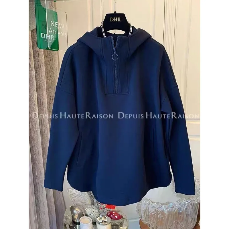 Felpa con cappuccio a mezza zip con temperamento alla moda e di fascia alta per le donne Top versatile a maniche lunghe in tinta unita sottile autunnale