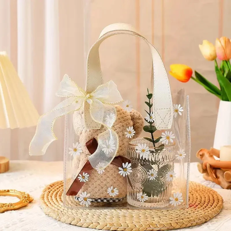 1PC Transparent Pvc Gift Tote Packaging Bag Clear Daisy Plastic Handbag Candy Gift Box Wedding Favor Party Supplies Cosmetic Bag