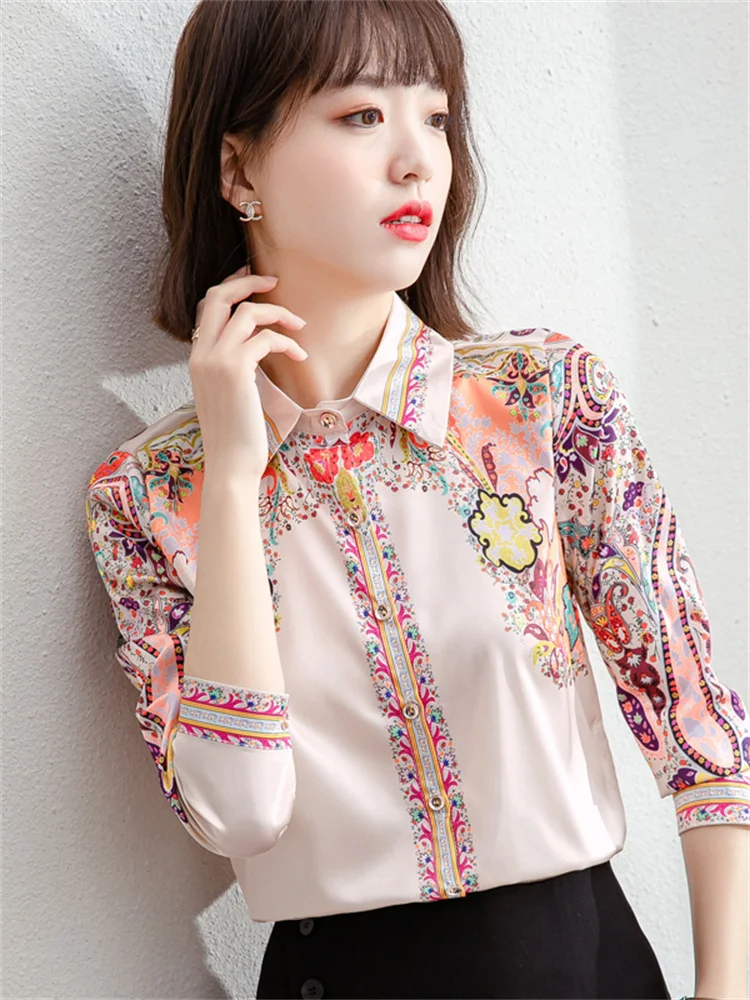 #3179 Satin Shirt Women Regular Fit Vintage Floral Printed Long Sleeve Shirts Female Korean Fashion Spring Womens Shirts Elegant