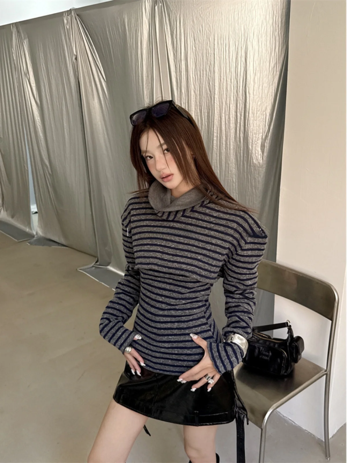 Mint Peach Auntie Women's Long Sleeve Thickened Loose Neck T-Shirt Set Autumn Winter Striped Base Layer Top Casual Wear