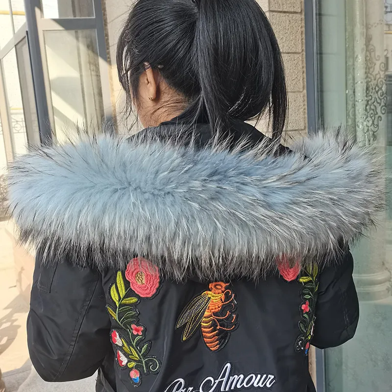 Women Natural Fox Fur Collar Winter Neck Warm Fashion Scarf Hoodie Fur Trim Genuine Raccoon Fur Hood Luxury Brand Fluffy Shawl