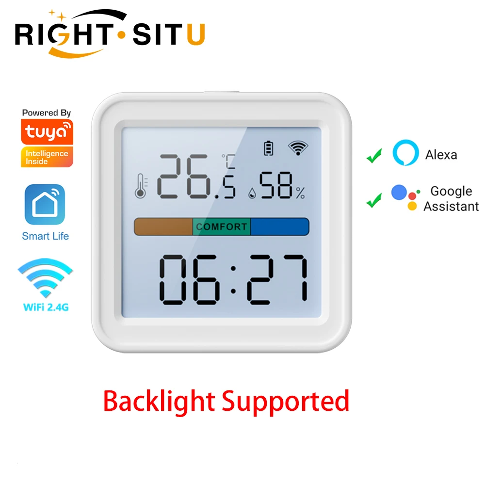 Sensor de temperatura y humedad con WIFI, higrómetro, termómetro, retroiluminación para el Hogar Inteligente, compatible con Alexa y asistente de Google, Tuya