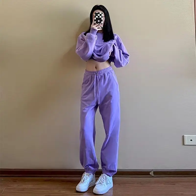 Women\'s 2026 New Purple Sports Suit Spring And Autumn Casual Fashion Style Loose Long Sleeve Sweater Tops Pants 2 Two Piece Set