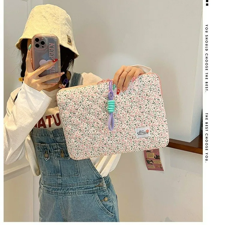 甘い花柄のipad保護ケース-2025年春-キャンバス-ユニセックス-ダブルロック-バックパックスタイル-コンピューターバッグ-内部パッド入り