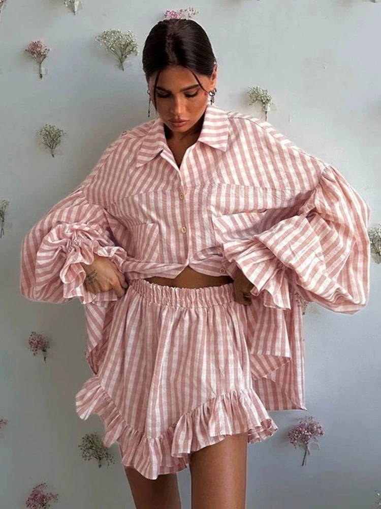 

Women Elegant Two Piece Set Stripe Loose Shirt with High Waist Ruffled Shorts Spring Summer Casual Outfit Female Fashion