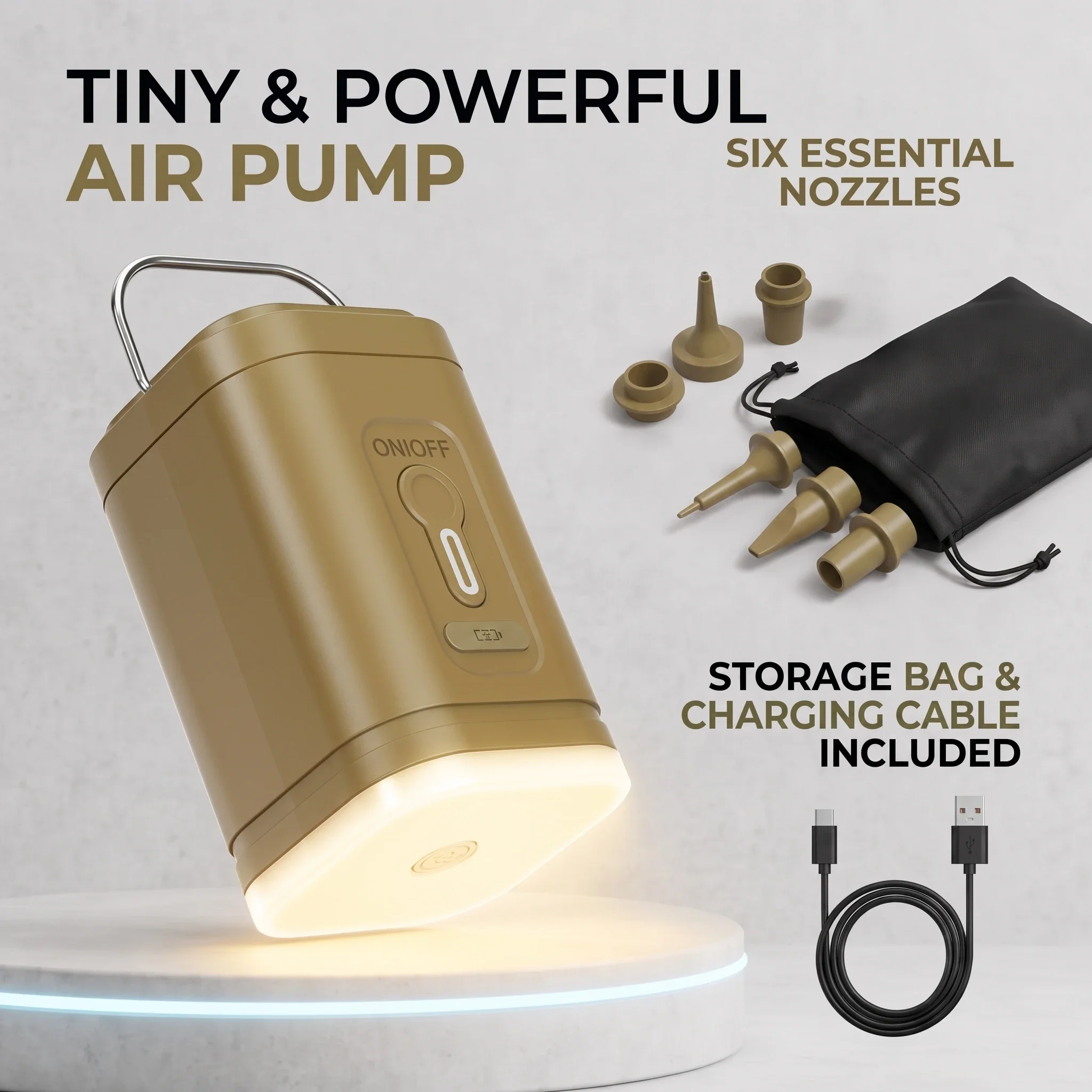 Ultra-Compact Air Pump Lantern USB-C, 3-in-1 Inflator Deflator Dimmable SOS LED, 6 Nozzles for Backpacking Camping Air Mattress