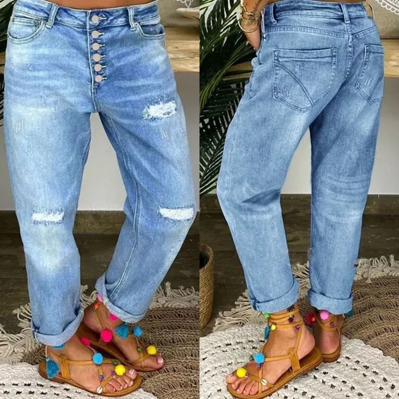 Women's Baggy Jeans Blue Ripped Distressed Denim Pants Straight Leg Mid Waist Light Wash Relaxed Fit Button Front Casual Women