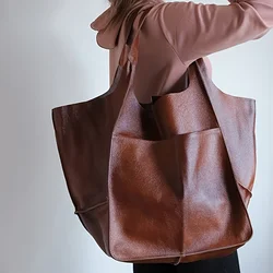 Retro Minimalist Tote Bag Large Capacity Shopping Bag Fashion PU Leather Soft Leather Shoulder Bag
