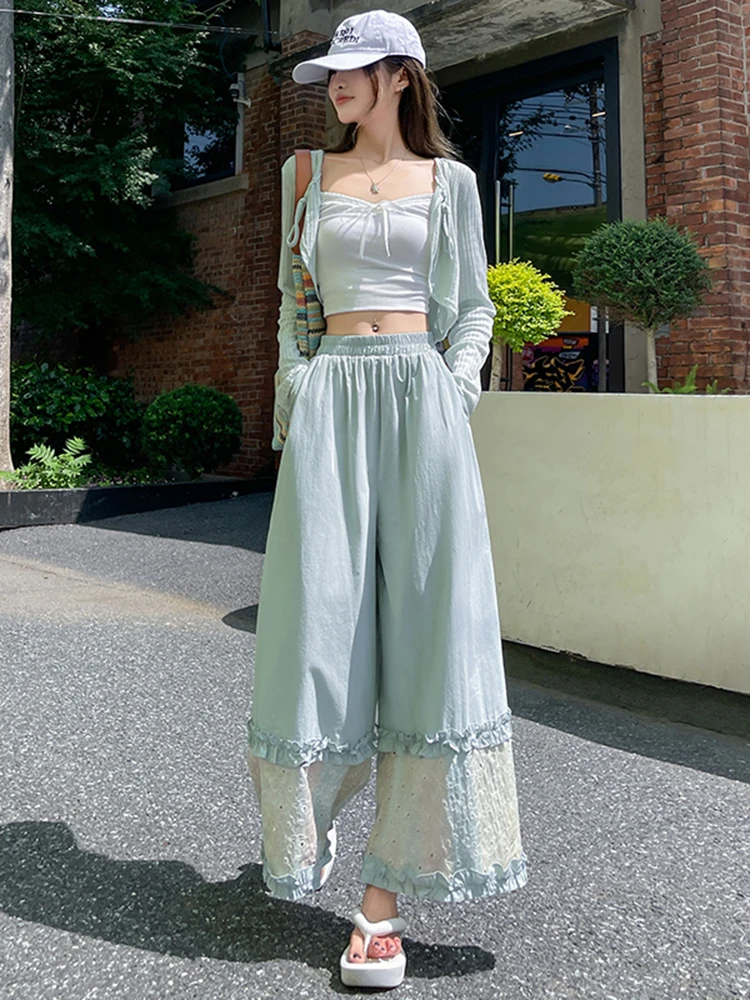 Design Sense Hook Flower Ricamo Fungus Edge Pantaloni larghi a gamba larga 2025 Pantaloni a vita alta a gamba dritta nuovi estivi da donna